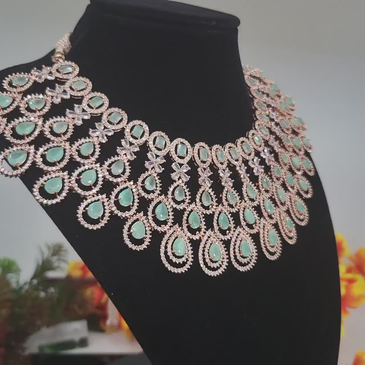 Rose gold American Diamond Mint Green Wedding Choker necklace with Maang tikka |Indian Bollywood style CZ Necklace and mangTikka Jewelry Set