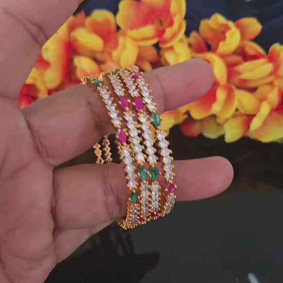 AD stone Ruby and Green bangles set of 4| American Diamond CZ stone Indian Bangles| Gold Plated Stylish Party Wear Bangles set| Gift for her