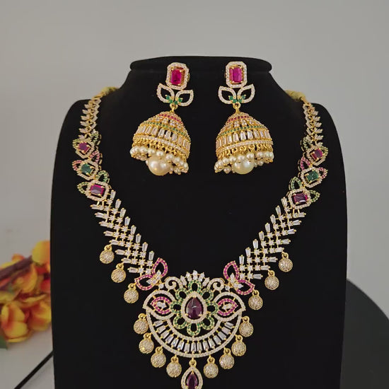 American diamond ruby green necklace & jhumka set| south indian style wedding necklace| statement necklace| party wear necklace|gift for her