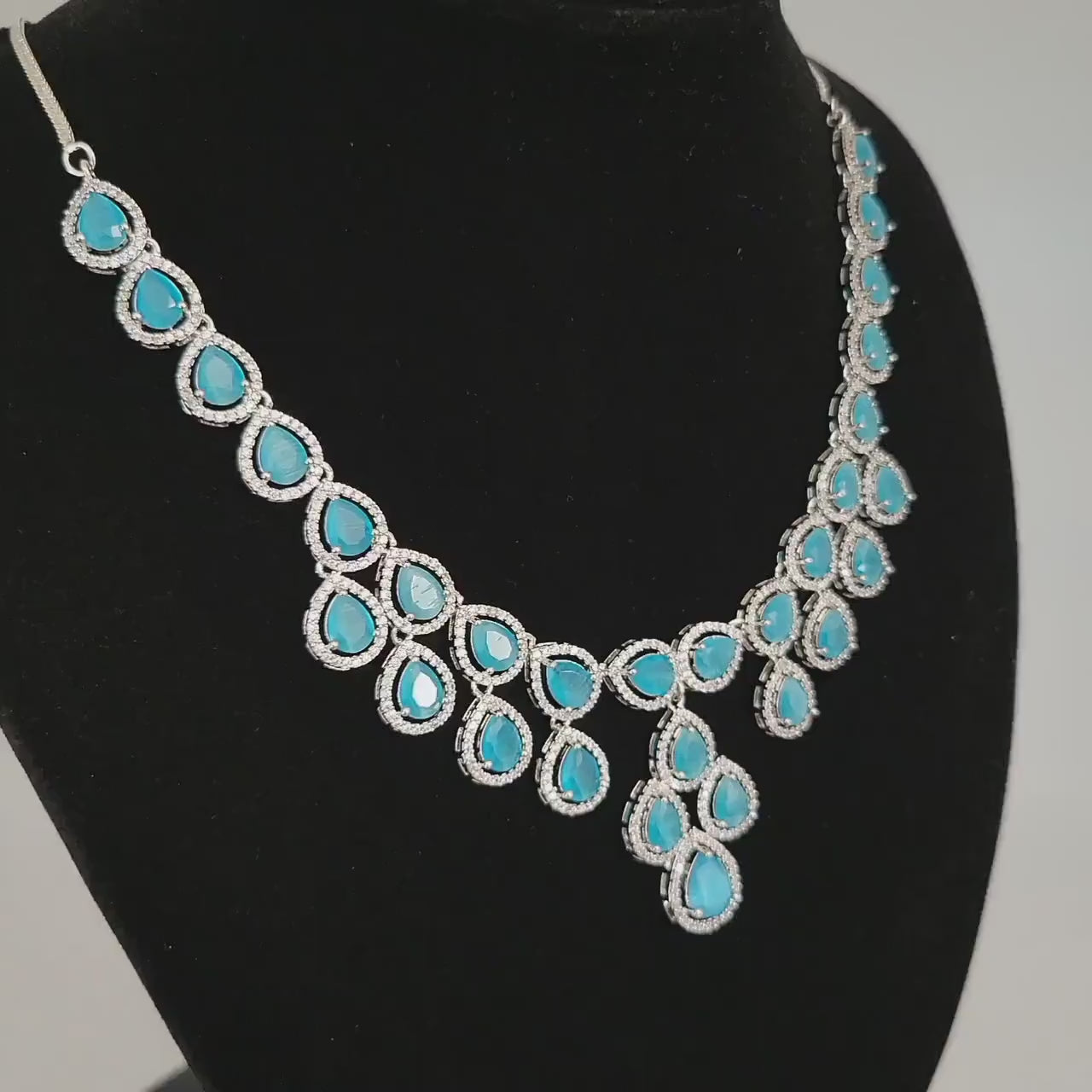 Silver tone CZ American Diamond Necklace Earrings| Party Wear Necklace & Earrings| Mint Green Jewelry| Bollywood Style Necklace|Gift for her