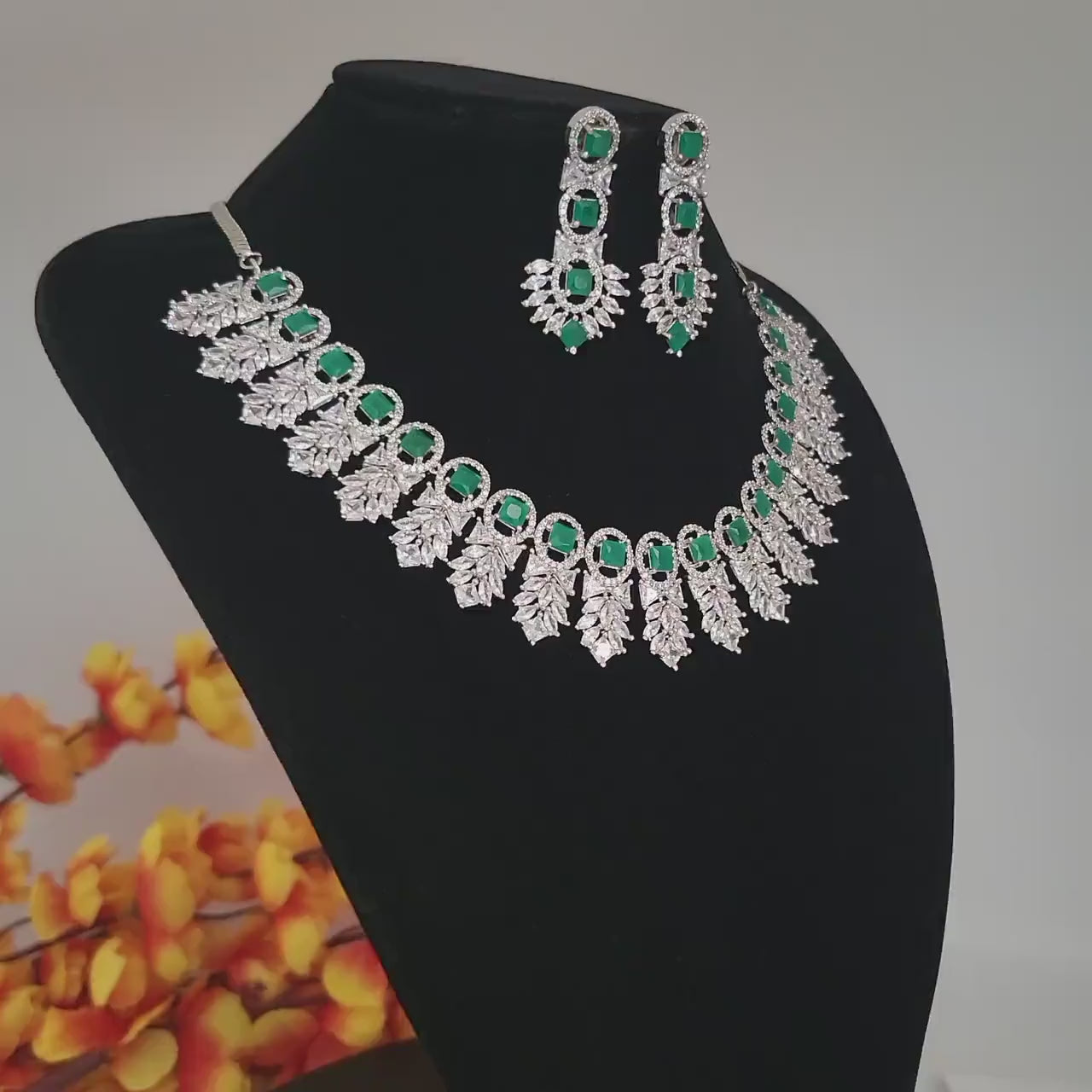Silver plated Emerald green AD stone necklace set| Bridal statement jewelry| Indian wedding choker necklace and earrings| gift for her