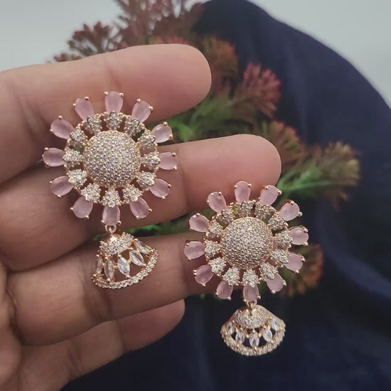 Rose gold american diamond designer earrings with small jhumka drop