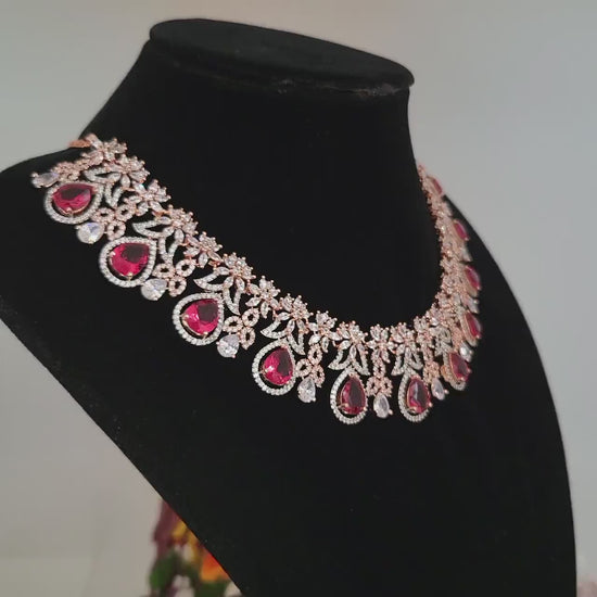 Super Deal! - Rose Gold American Diamond Crimson TearDrop and Floral Crystal necklace| Wedding Necklace jewelry| Indian Bollywood jewelry