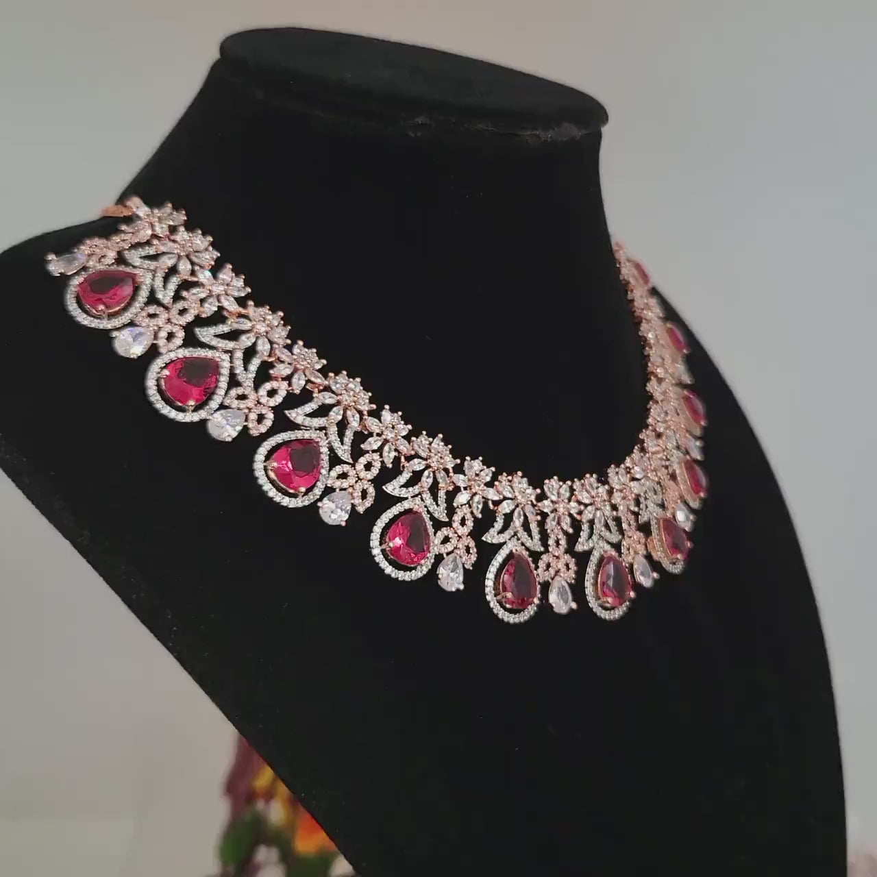 Super Deal! - Rose Gold American Diamond Crimson TearDrop and Floral Crystal necklace| Wedding Necklace jewelry| Indian Bollywood jewelry