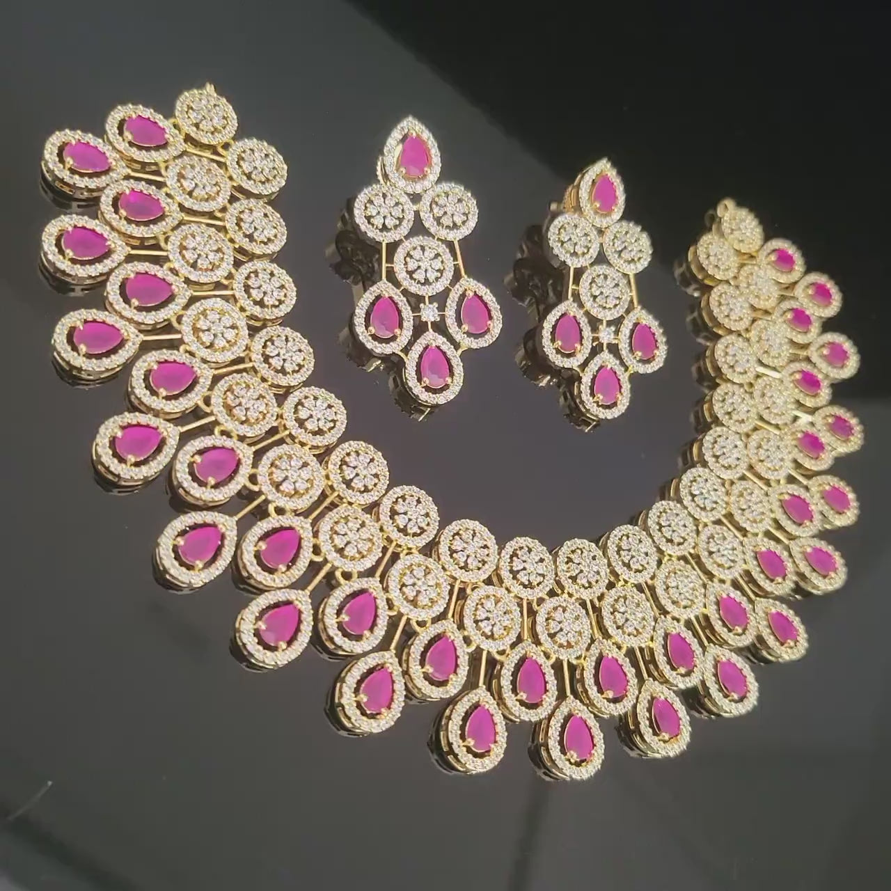 Rose gold ad stone choker necklace set| ruby mint green american diamond bridal jewelry| statement indian wedding necklace with earrings
