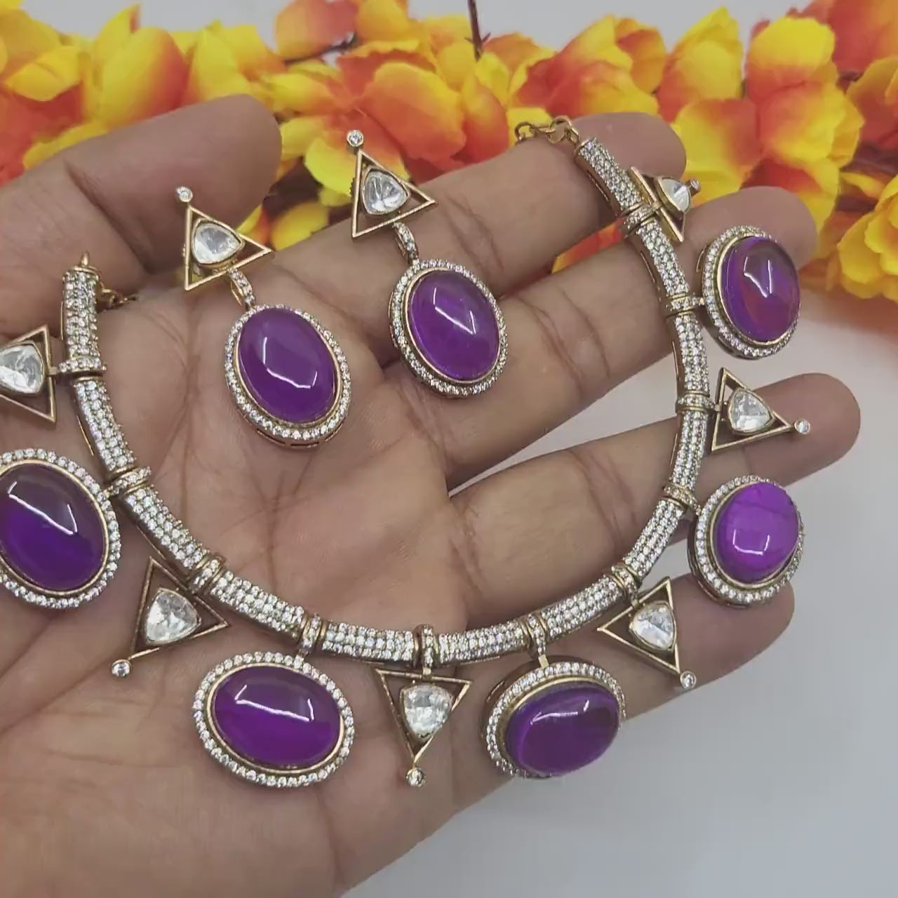 Indian dual-tone statement choker| ruby emerald polki style necklace set| diamond replica wedding & cocktail jewelry| doublet stone necklace