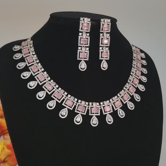 American diamond cz silver tone necklace earrings jewelry set| statement choker necklace| elegant wedding necklace earrings set|gift for her