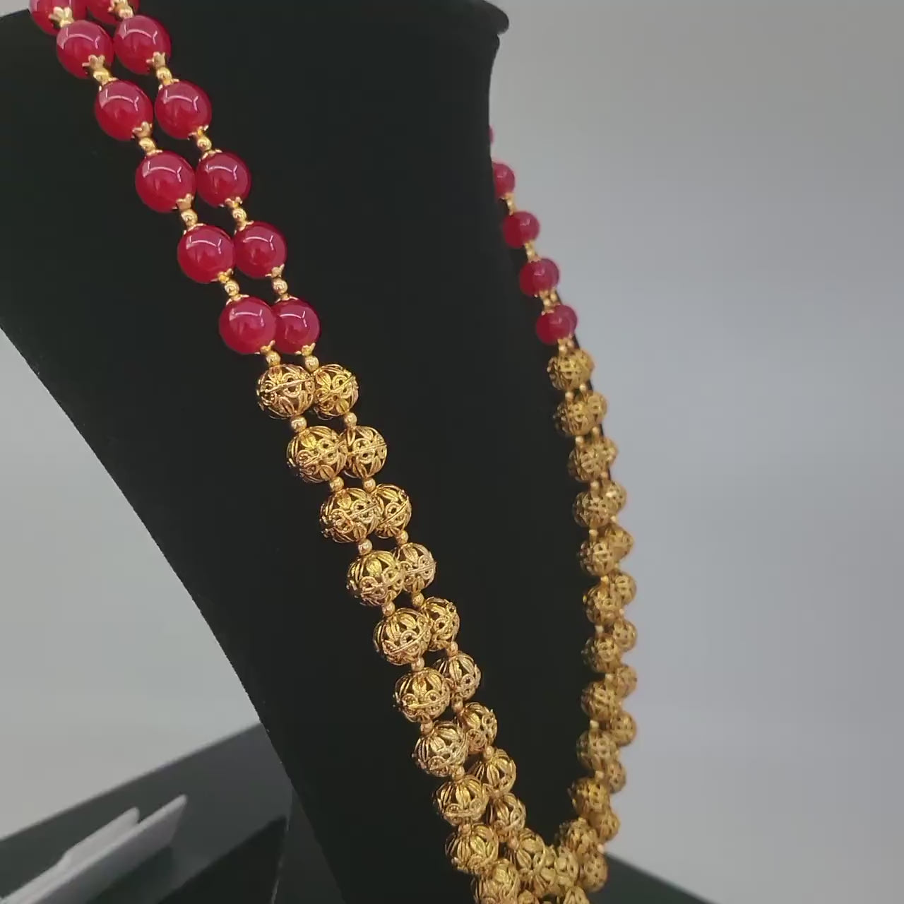 Traditional handcrafted golden beads long matar mala necklace earring set | 22 inch two layer gold balls chain mala set | gujarati jewelry
