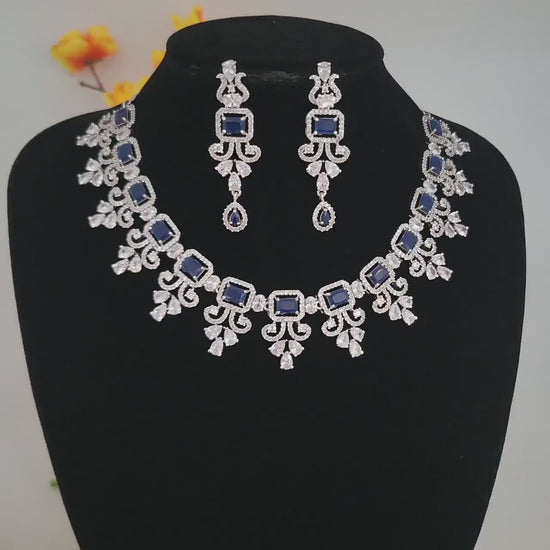 American diamond blue sapphire/emerald green/topaz necklace &earring set| silver tone indian/pakistani/punjabi wedding jewelry| gift for her