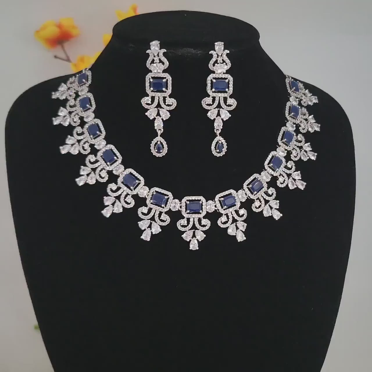 American diamond blue sapphire/emerald green/topaz necklace &earring set| silver tone indian/pakistani/punjabi wedding jewelry| gift for her