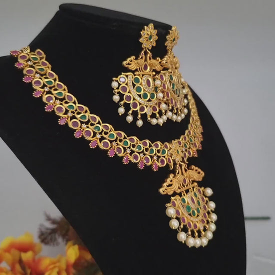 Gold plated american diamond necklace & earrings| statement necklace| indian cz wedding jewelry| peacock designs necklace| kundan necklace|