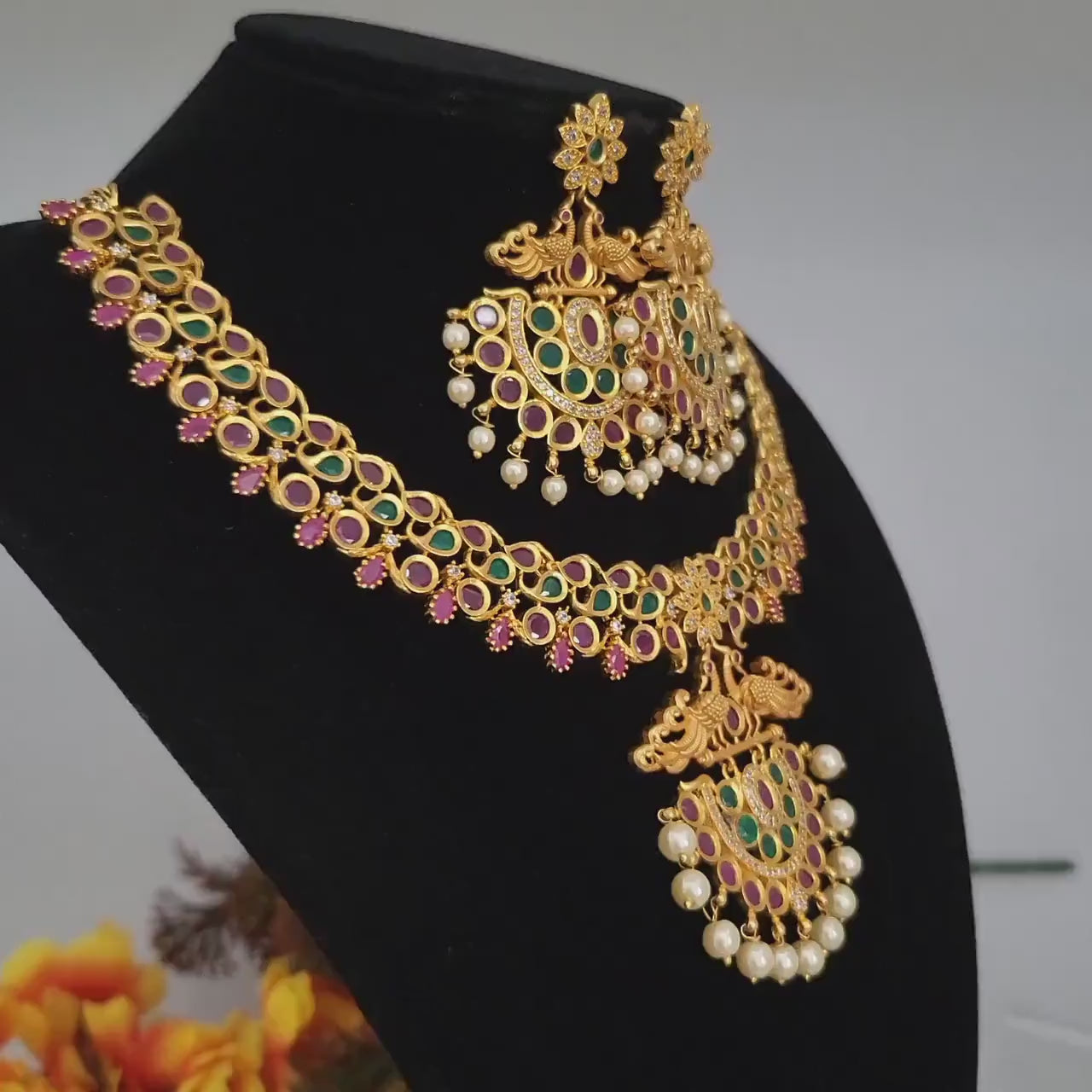 Gold plated american diamond necklace & earrings| statement necklace| indian cz wedding jewelry| peacock designs necklace| kundan necklace|