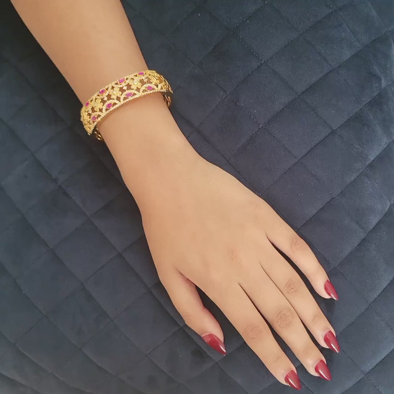 Gold-plated open cuff bangle with floral and ruby accents| filigree design women’s bracelet| statement fashion bangle| luxury cz gold bangle
