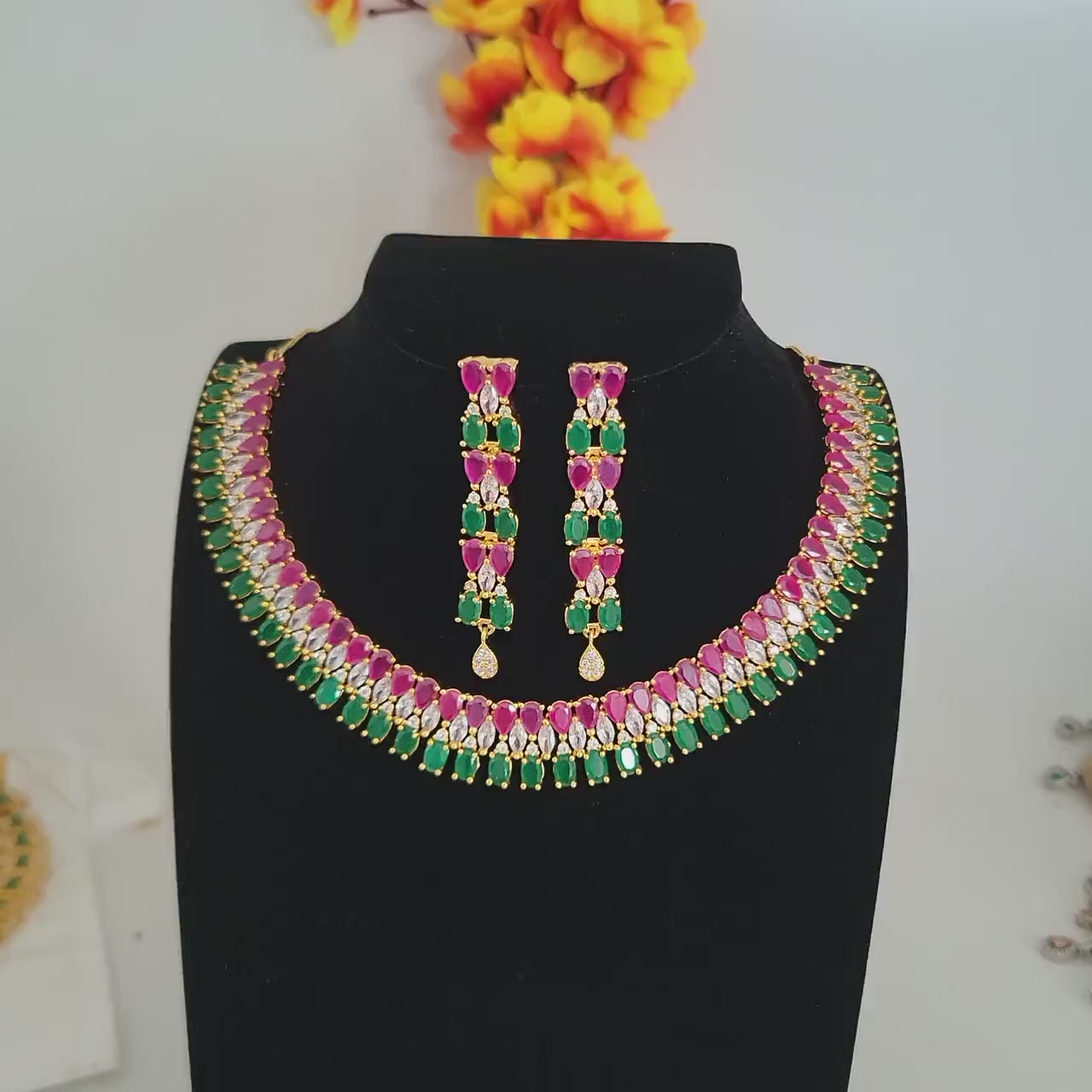 Gold Plated American Diamond Ruby-Emerald Necklace & Earrings| Cz Diamond Wedding Necklace set| Party wear South Indian Jewelry|Gift for her