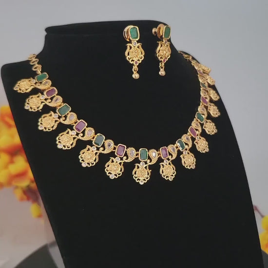 Gold plated Ram Parivar necklace & Earring set| Matte Gold Ruby-Emerald Kemp stone Ramparivaar choker necklace| Temple jewelry necklace
