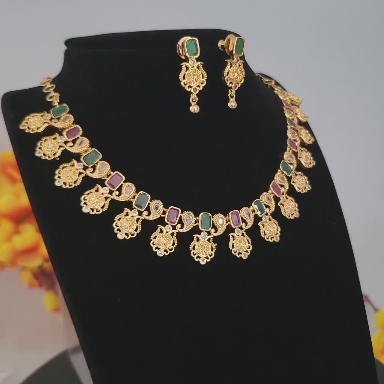 Gold plated Ram Parivar necklace & Earring set| Matte Gold Ruby-Emerald Kemp stone Ramparivaar choker necklace| Temple jewelry necklace