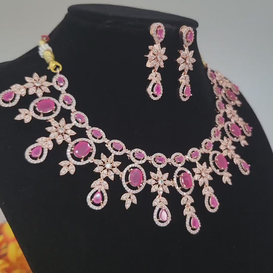 Rose Gold American Diamond Necklace Earrings Wedding Jewelry set| Gift for her| Indian Jewelry|Statement Necklace |Indian Bollywood Jewelry