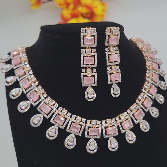 Rose gold American Diamond Necklace set with pink square stones| statement wedding party wear necklace with matching earrings| Gift for her