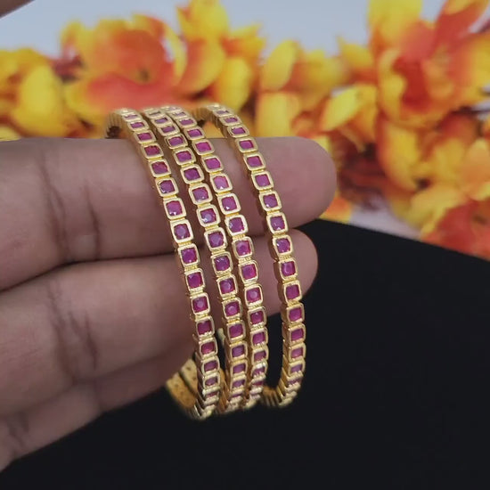 Ruby Pink American diamond bangles set Gold polish| Indian Bridal Bangle set of 4 |Ruby Pink Cz bangles | Daily wear one gram gold bangles