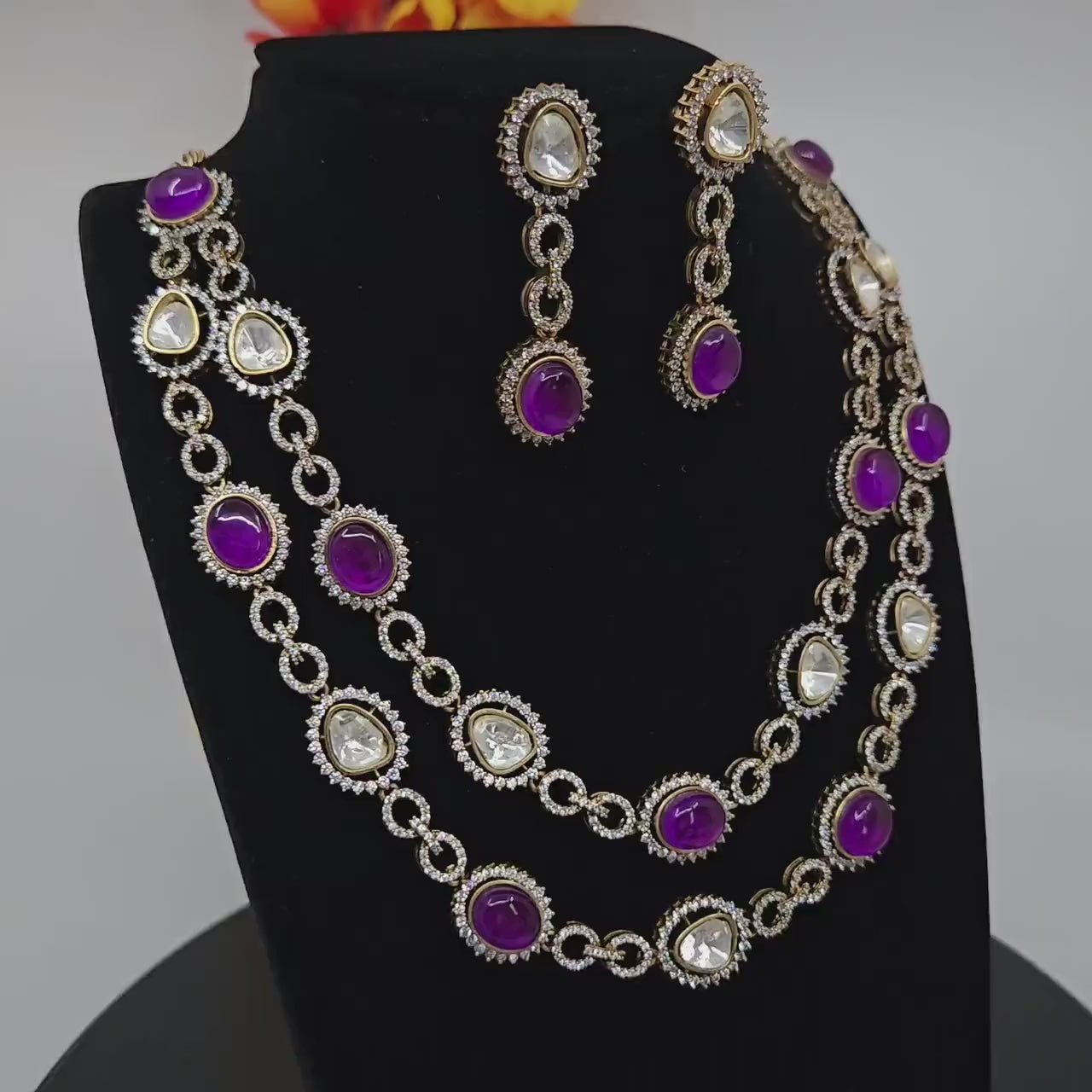 Doublet stone moissanite polki necklace & earring set| victorian gold emerald and pink kundan sabyasachi statement necklace set|gift for her