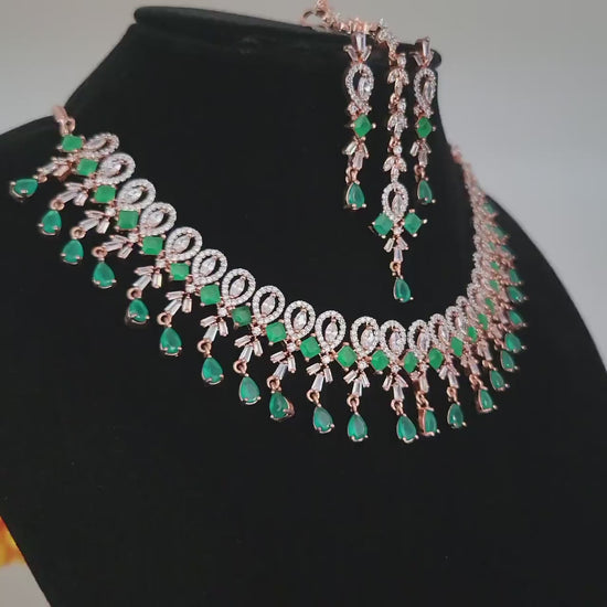 Silver american diamond crystal necklace earring set| ad stone choker mang tikka jewelry| ruby emerald stone indian jewelry| gift for her