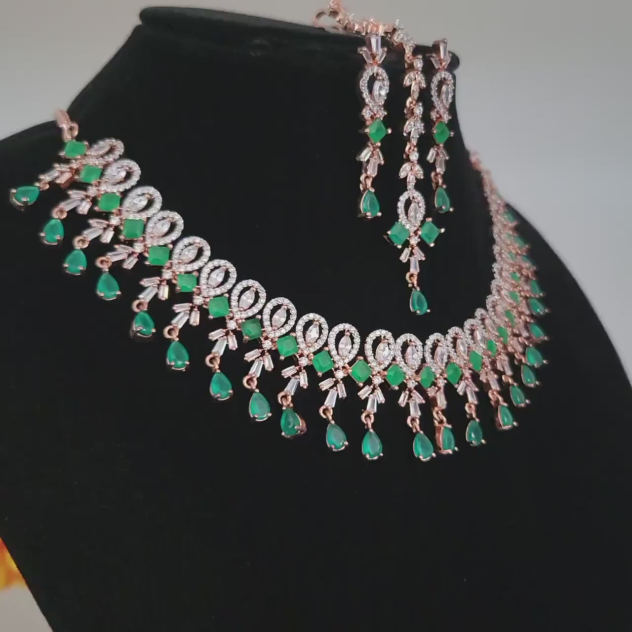 Silver american diamond crystal necklace earring set| ad stone choker mang tikka jewelry| ruby emerald stone indian jewelry| gift for her