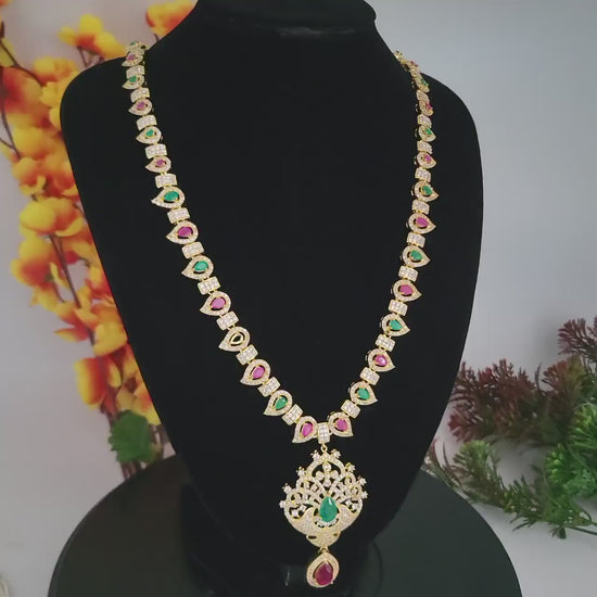 Gold plated american diamond long necklace and  earrings set| cz diamond topaz/ruby/emerald stones studded indian wedding bridal  jewelry