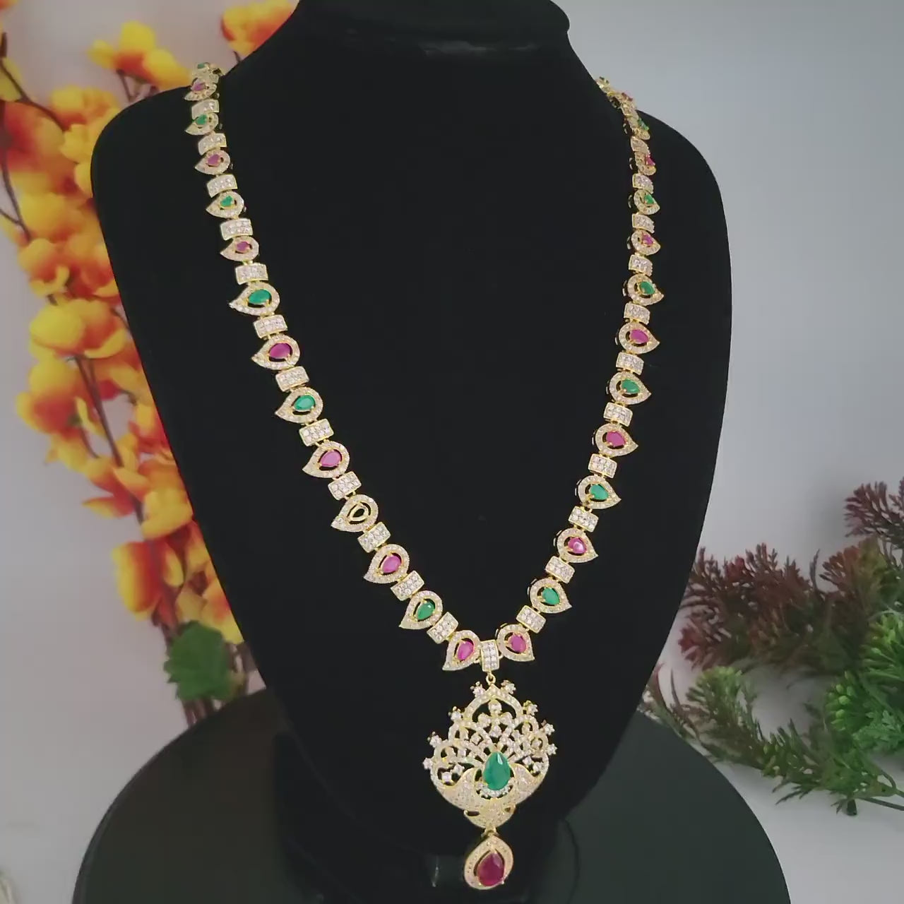 Gold plated american diamond long necklace and  earrings set| cz diamond topaz/ruby/emerald stones studded indian wedding bridal  jewelry
