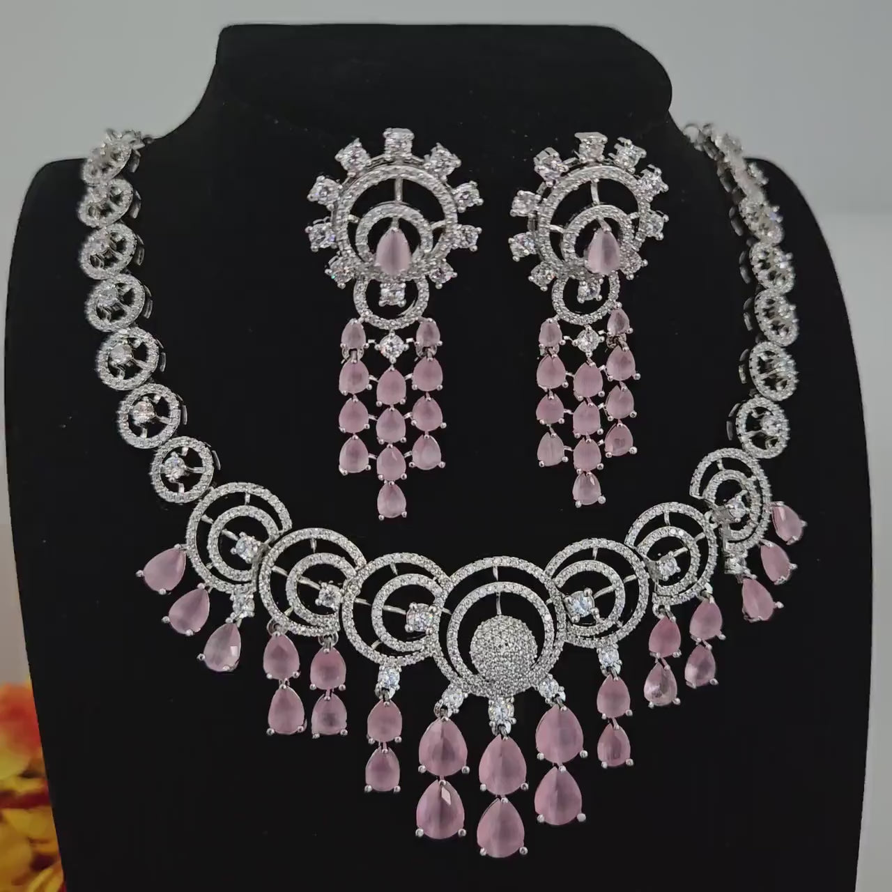 Pink Teardrop CZ Necklace & Earrings Set| Bridal Jewelry Set with Earrings| Ad stone Necklace| Available in Multiple Colors| Gift for Her