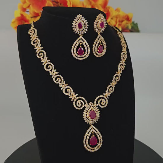 Dainty gold plated pendant necklace| ruby green clear stone diamond look necklace| american diamond necklace and earring set| gift for her