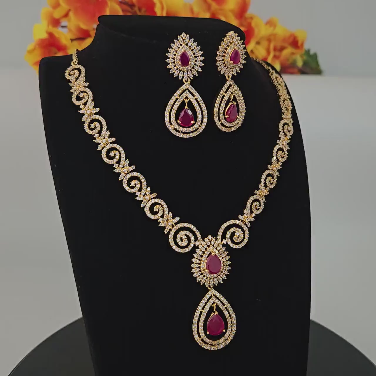 Dainty gold plated pendant necklace| ruby green clear stone diamond look necklace| american diamond necklace and earring set| gift for her