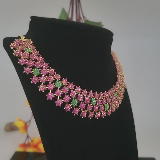 American Diamond Ruby Emerald Crystal star design gold choker necklace | Indian Bollywood Wedding Fashion Jewelry set | Statement Necklace