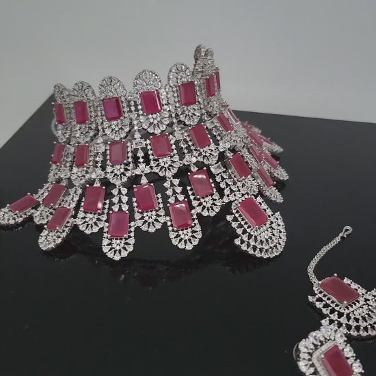 Kiara advani wedding choker necklace|bollywood wedding jewelry| pink stone cz diamond necklace|statement american diamond pink bridal set