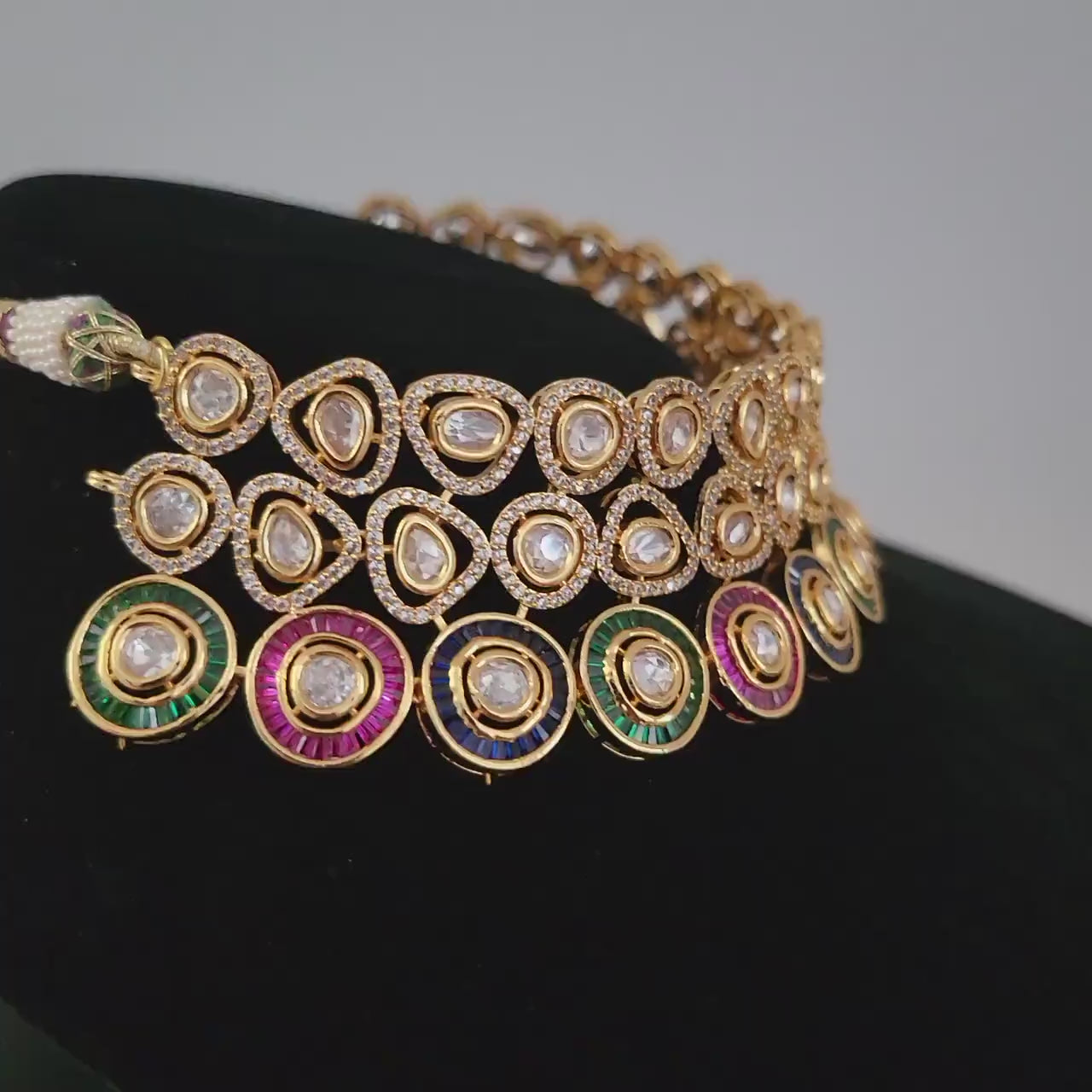 Two-Tiered Polki Choker Necklace Set | Dual-Tone AD Stone Wedding Jewelry | Ruby, Emerald, Blue, Multi-Color Statement Choker| gift for her
