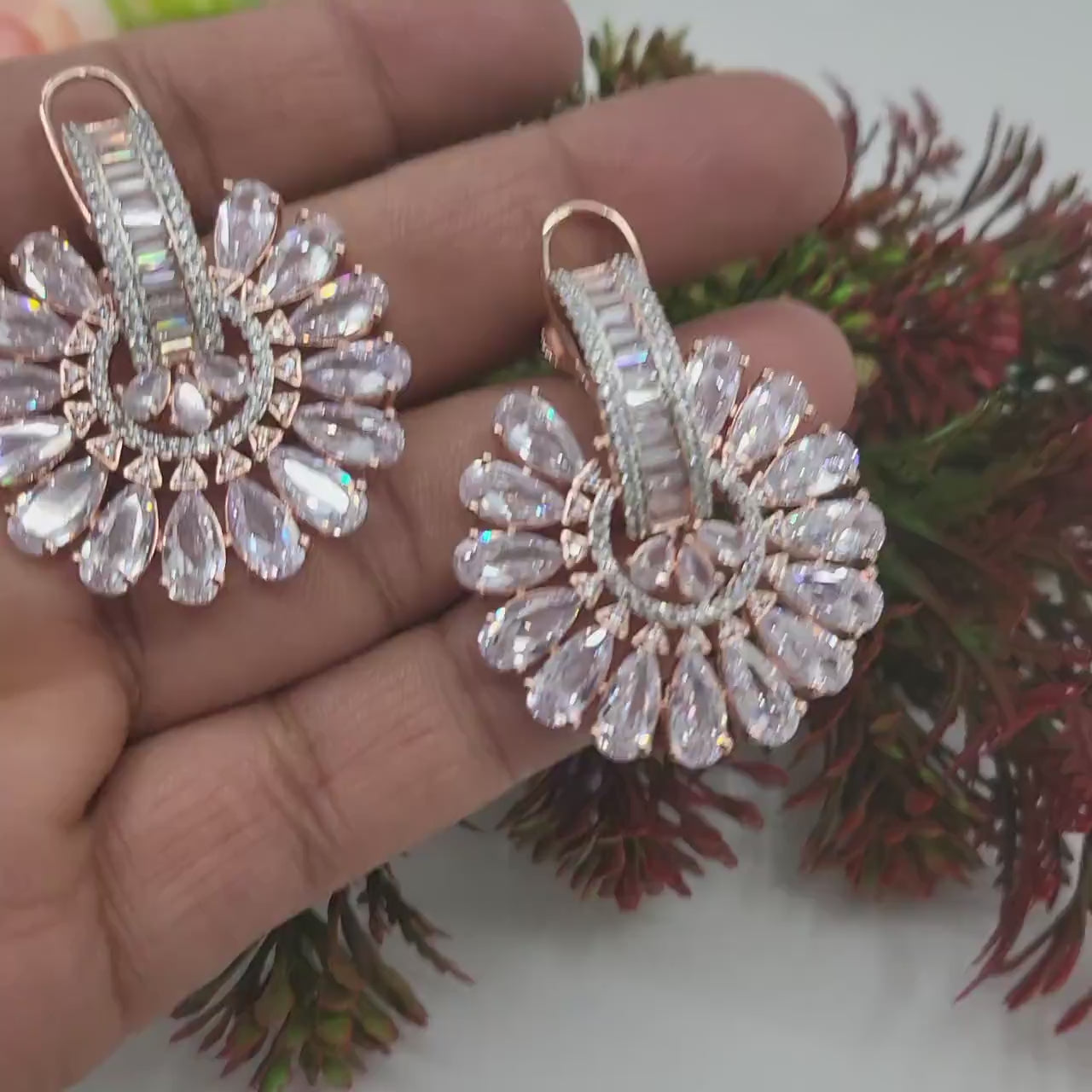 Big flower stud Crystal earrings | Ad stud earrings Pink stones | Rose Gold Plated American Diamond stud Earrings | Bollywood style CZ Studs