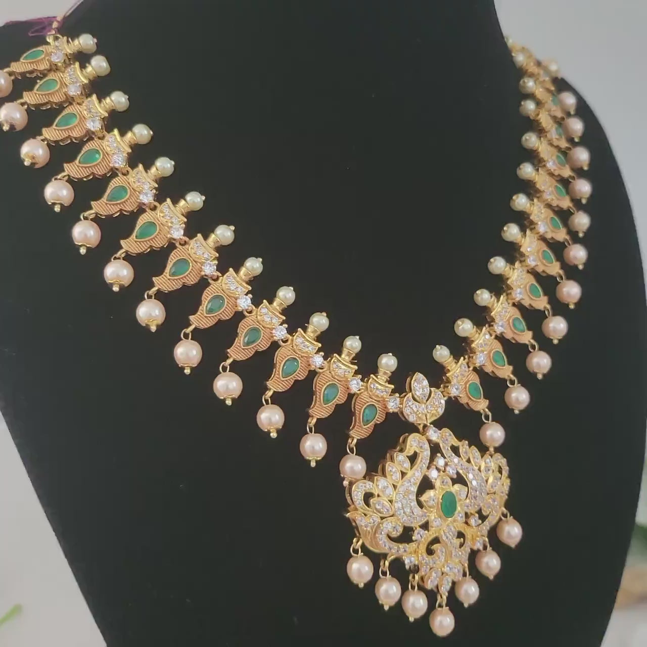 Matte finish gold Plated necklace and earring set, South Indian temple jewelry mango design necklace, ruby emerald necklace with Pearl drops