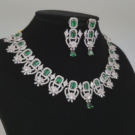 American Diamond Silver/Rhodium Plated CZ Mint/Pink/Green/Ruby Diamond Necklace maang tikka set |Indian/Pakistani Wedding  Party wearJewelry