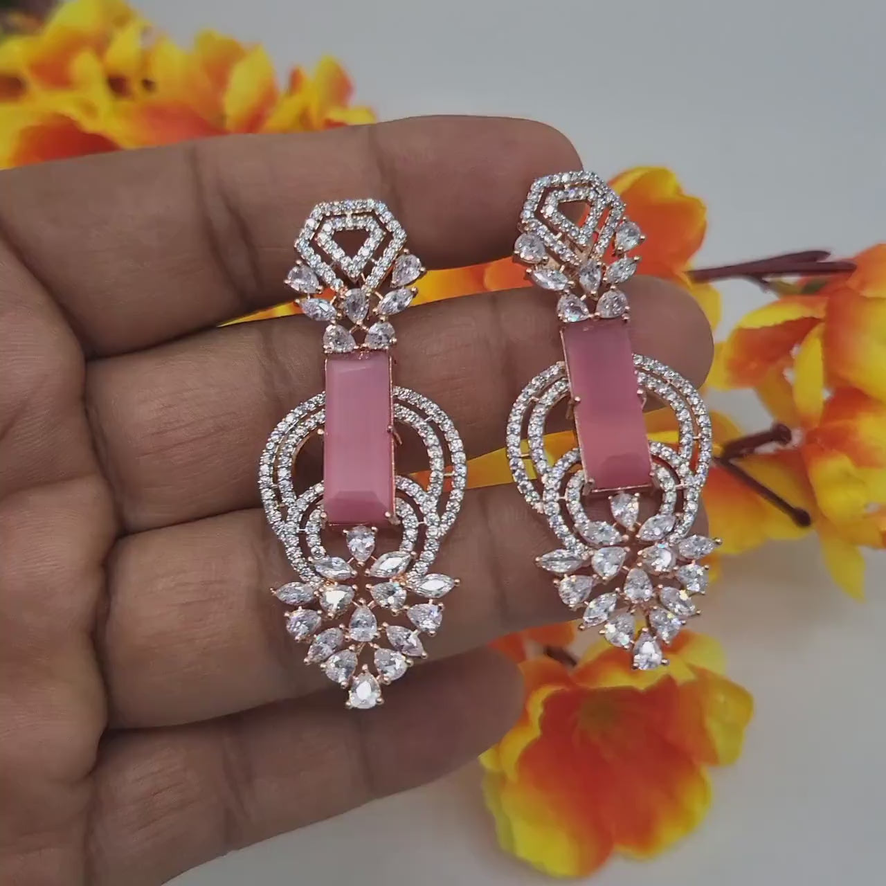 Rose Gold Pink AD stone Earrings| American Diamond Crystal drop earrings|Indian Earrings| Statement Jewelry| CZ Stone Earrings| Gift for her