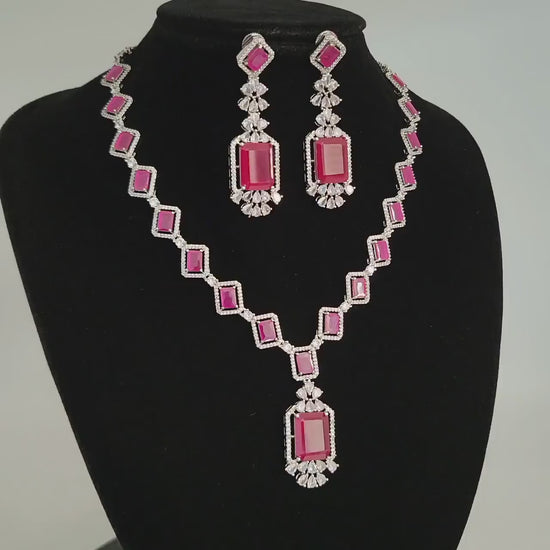 Elegant ruby & cz diamond necklace set for weddings| luxury wedding necklace for brides| statement jewelry set| american diamond necklace
