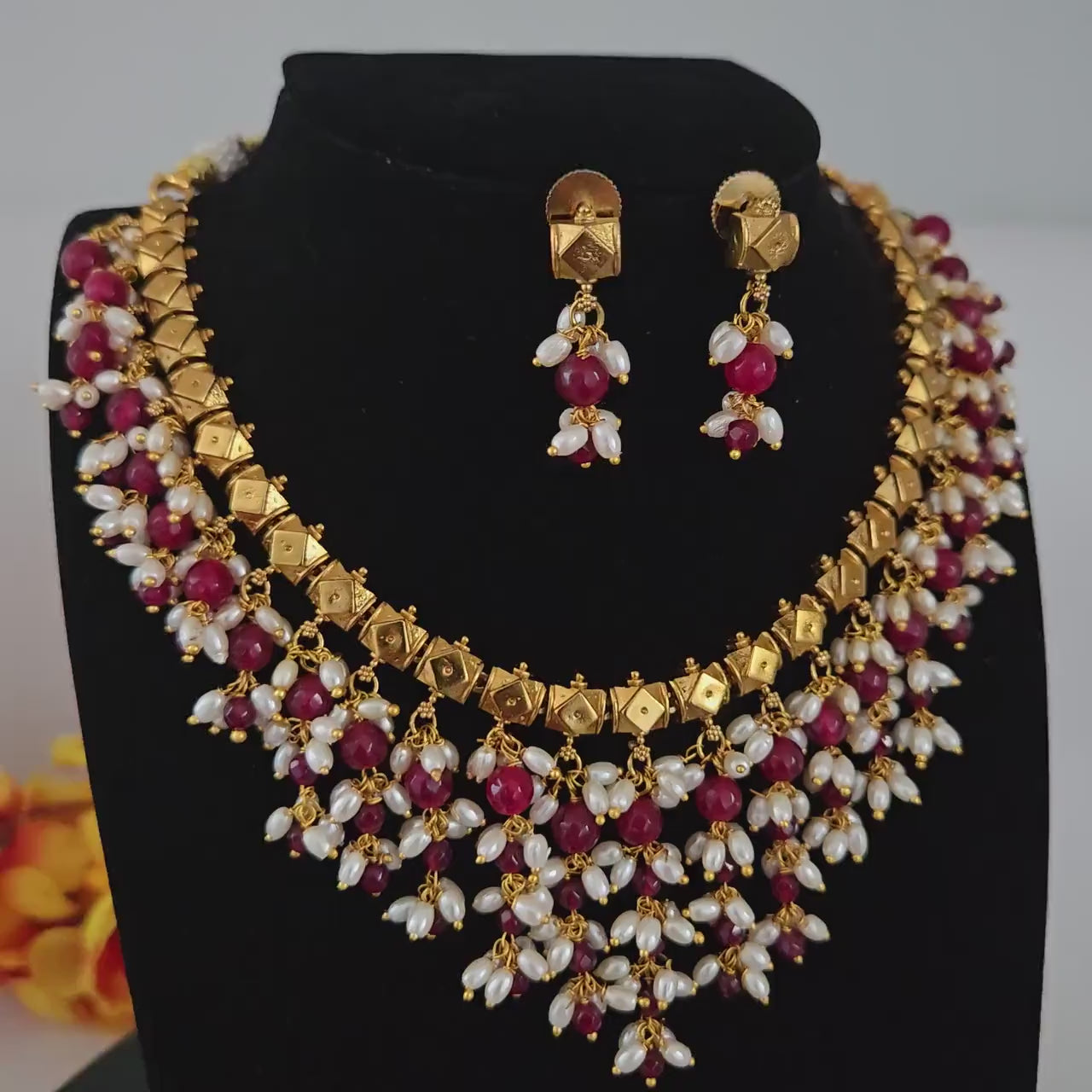 Red bead & pearl necklace set | gold plated traditional choker | indian bridal jewelry | festive necklace set with earrings | gift for her