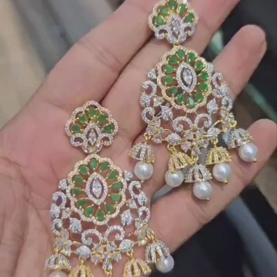 AD Stone Jhumka Earrings| Ruby, Emerald & White stones| Gold Plated Pearl Drop Earrings| South Indian Jewelry by Indian Designs|Gift for her