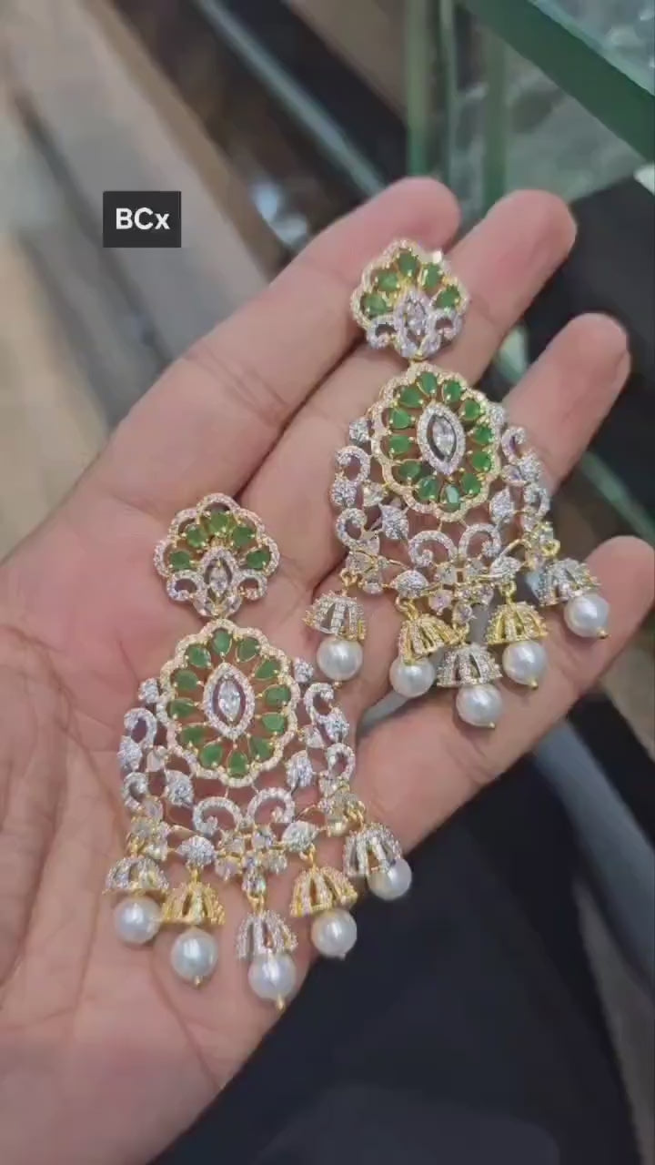 AD Stone Jhumka Earrings| Ruby, Emerald & White stones| Gold Plated Pearl Drop Earrings| South Indian Jewelry by Indian Designs|Gift for her