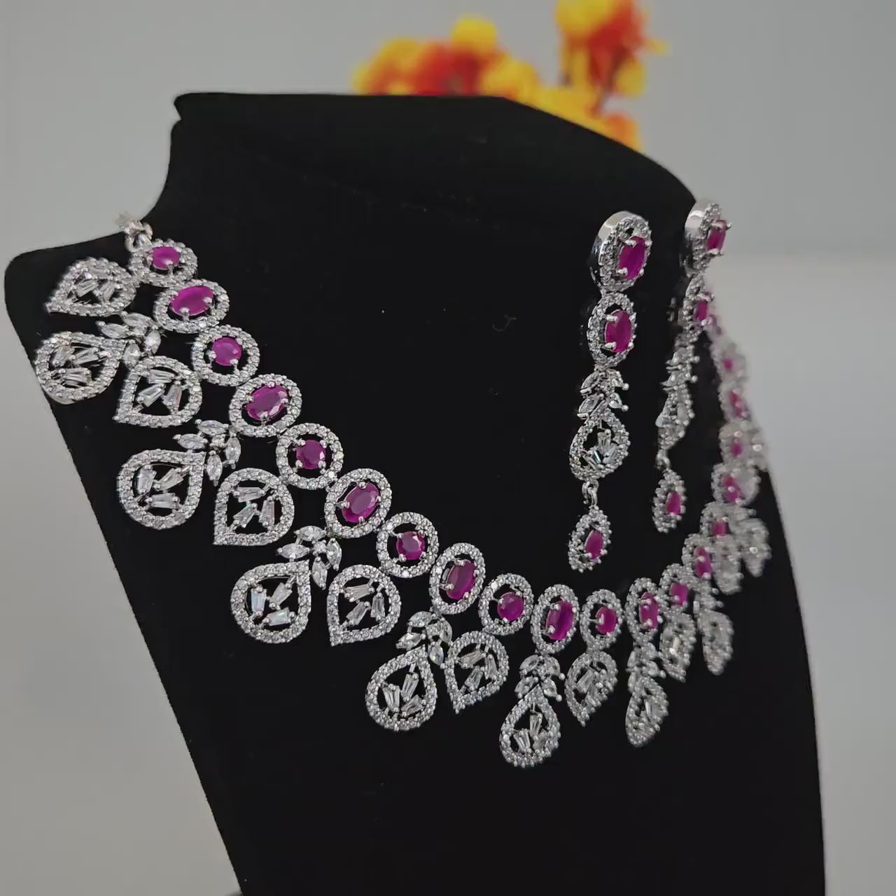 Ruby cz stone silver necklace set with long earrings| ad bridal choker set| indian wedding jewelry| party wear necklace set| gift for her