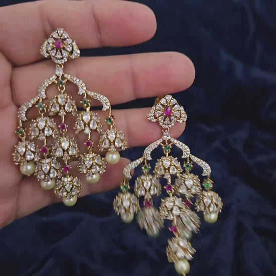 Indian Jhumka Earrings| Dull Gold AD Stone Dangle Chandbali| Pearl Drop Wedding & Festive Jewelry| Statement Earrings| Wedding Earrings