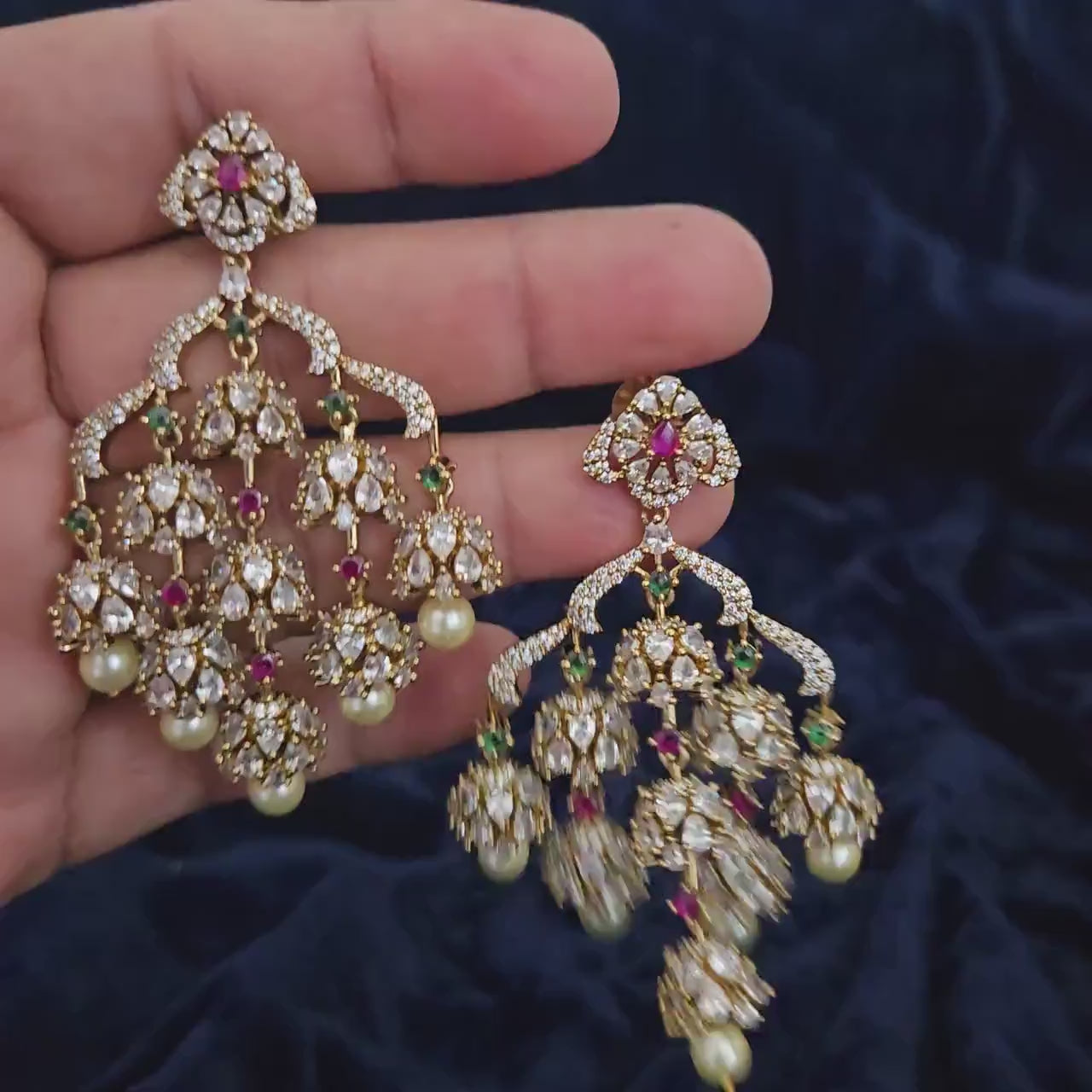 Indian Jhumka Earrings| Dull Gold AD Stone Dangle Chandbali| Pearl Drop Wedding & Festive Jewelry| Statement Earrings| Wedding Earrings