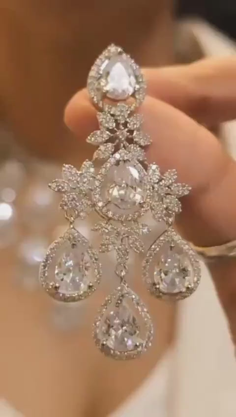 Silver polish cz ad stone necklace and matching earrings| american diamond wedding statement jewelry| indian jewelry| party wear necklace