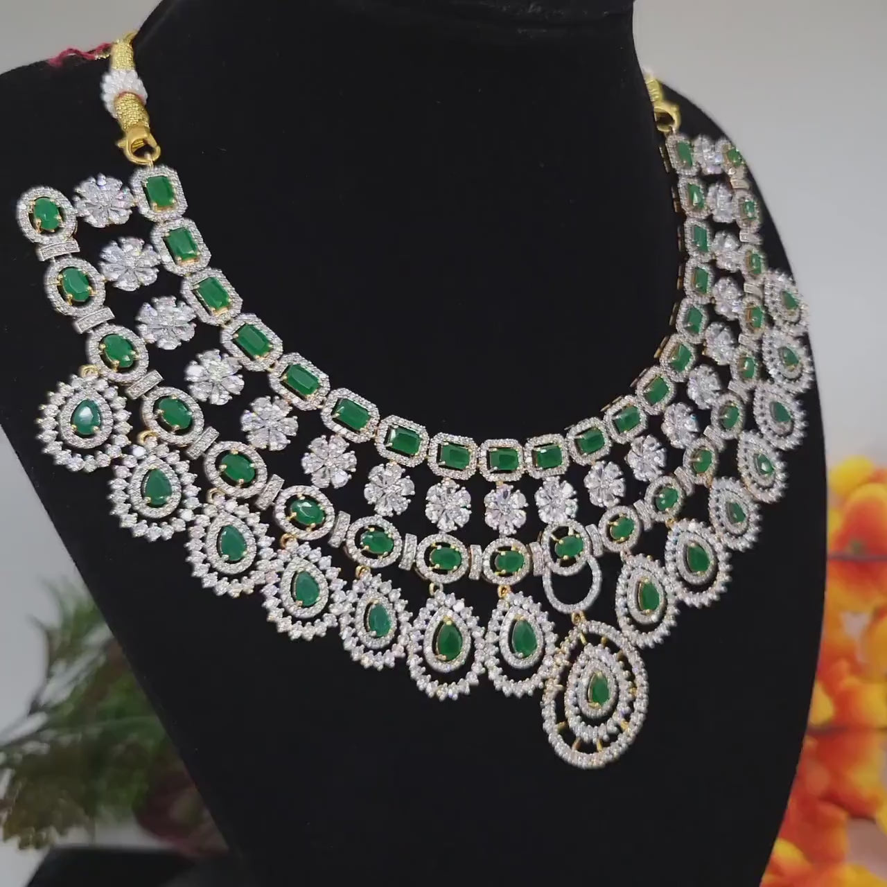 Luxury American Diamond bridal Necklace Earring set | Dual tone CZ Wedding Choker Necklace | Purple,Ruby,Emerald AD stone Statement Jewelry