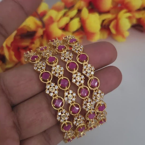Gold plated american diamond ruby bangles set of 4|one gram gold ad stone cz indian stack bangles| 22k yellow gold bangle set| gift for her