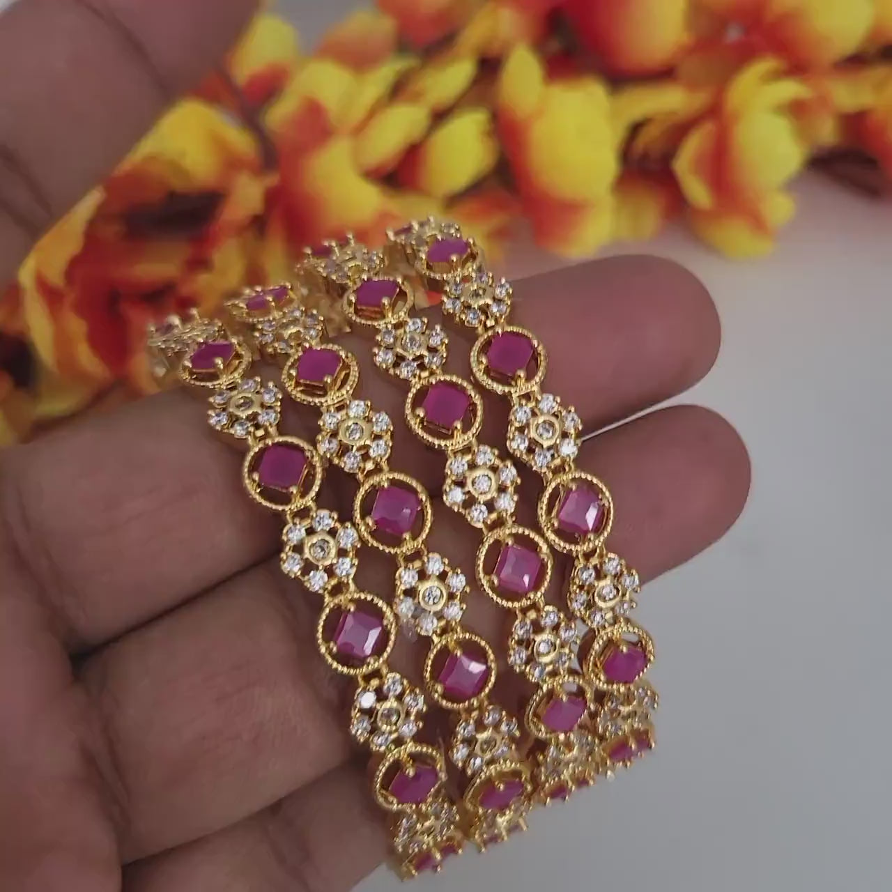 Gold plated american diamond ruby bangles set of 4|one gram gold ad stone cz indian stack bangles| 22k yellow gold bangle set| gift for her