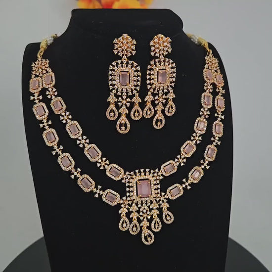 Gold plated american diamond mint green necklace and earring set | two layer ad